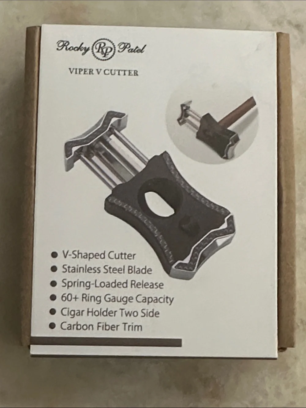 Rocky Patel Viper V Cigar Metal Cutter - Rose Gold Color, and White Trim